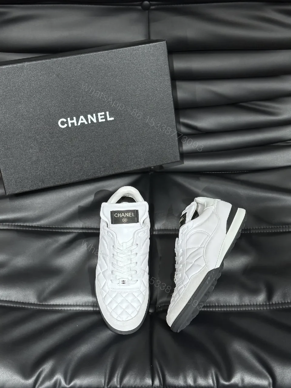 View 9 of White Quilted Low-Top Sneakers with Chanel-Inspired Detail