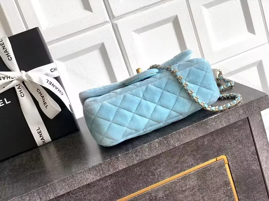 View 6 of Pastel Blue Quilted Box Bag with Chain Strap - Luxe Elevation