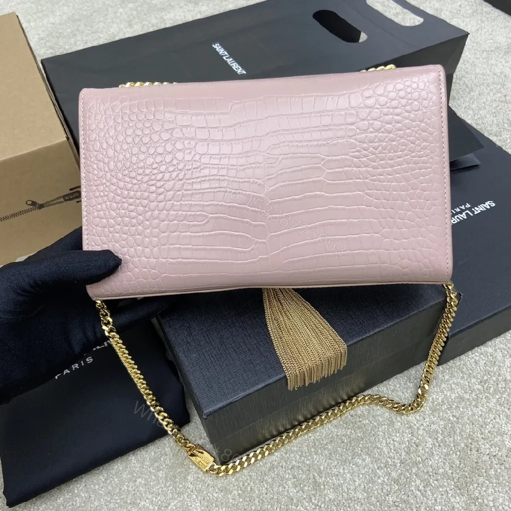 View 5 of Soft Pink Croc Leather Clutch with Gold Hardware