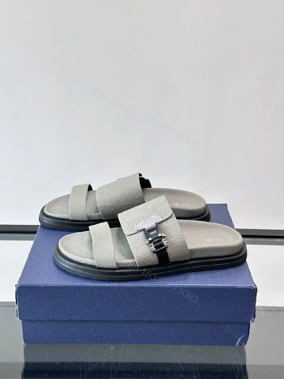 View 8 of Gray Leather Slides Buckle Feature Dior Sandals