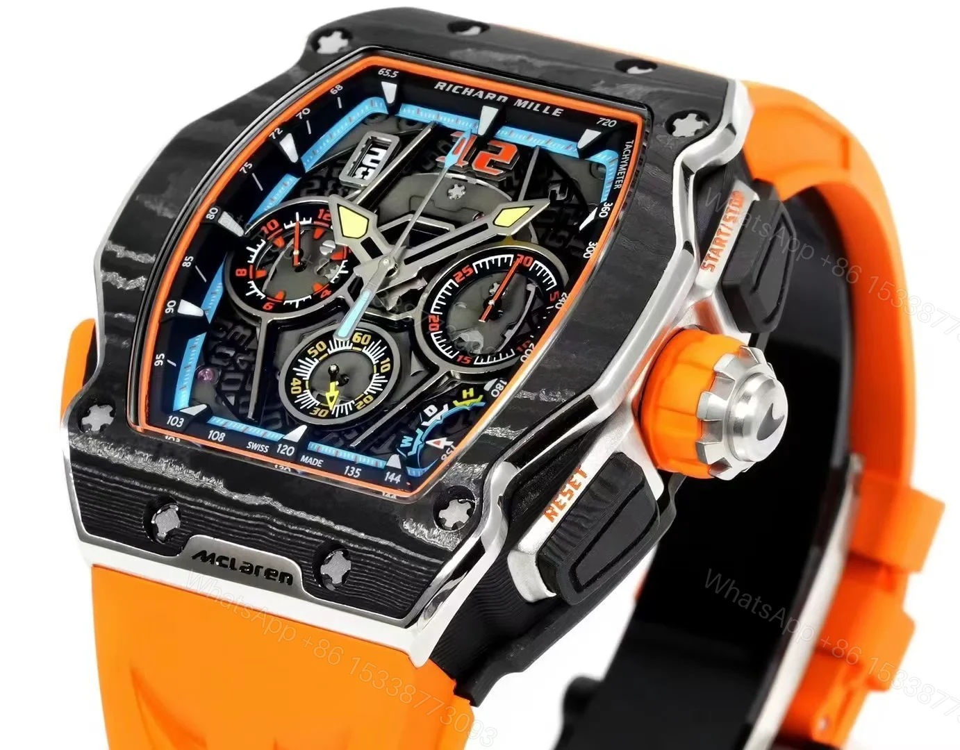 View 3 of Richard Mille RM65-01 McLaren W1 Automatic Chronograph Watch Orange Strap Carbon TPT Titanium Skeleton Dial RMAC4 Movement Premium Edition RM65-01-MCL-W1-ORG