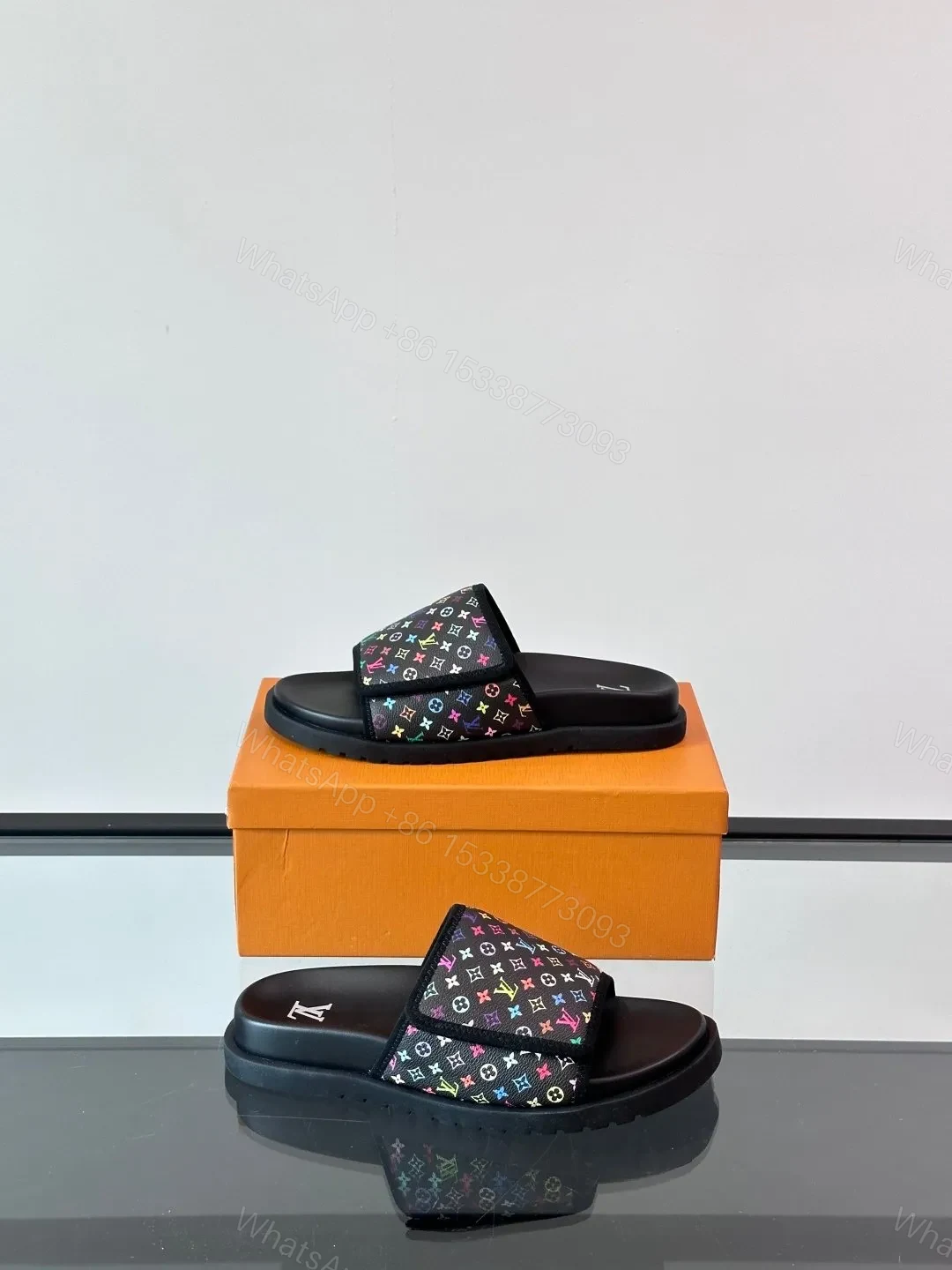 View 4 of LV Men Black Canvas Multicolor Print Slides
