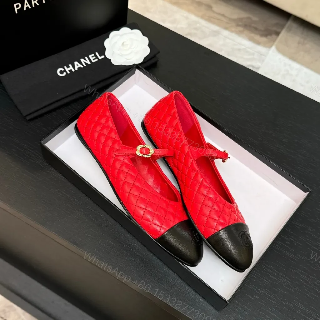 View 3 of Red Quilted Flats with Signature Hardware (No Brand)