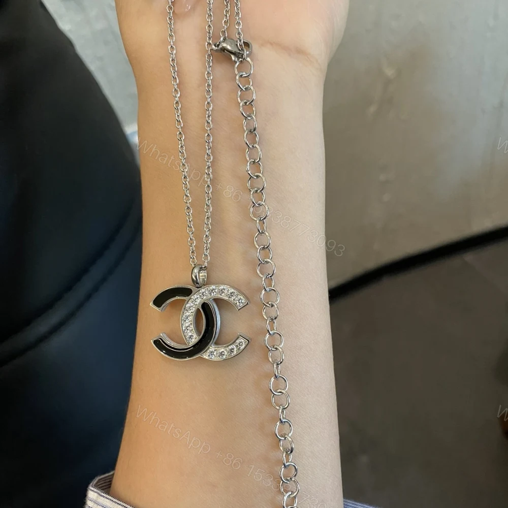 View 3 of Chanel Cc Logo Pendant Necklace White Stones And Black Enamel Silver