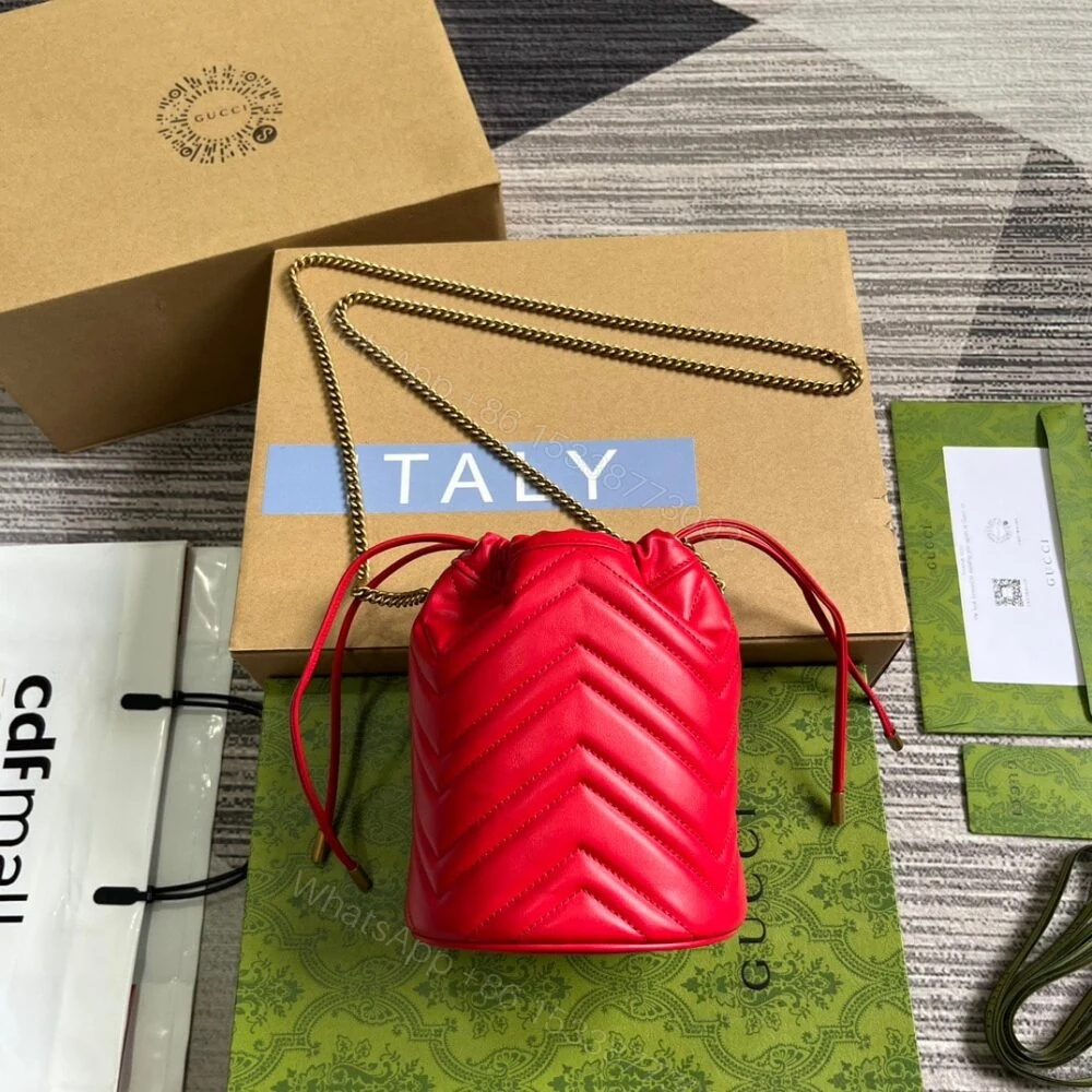 View 4 of Gucci GG Marmont Matelassé Chevron Mini Bucket Bag Red 13Cm 575163 DTDHT 6832