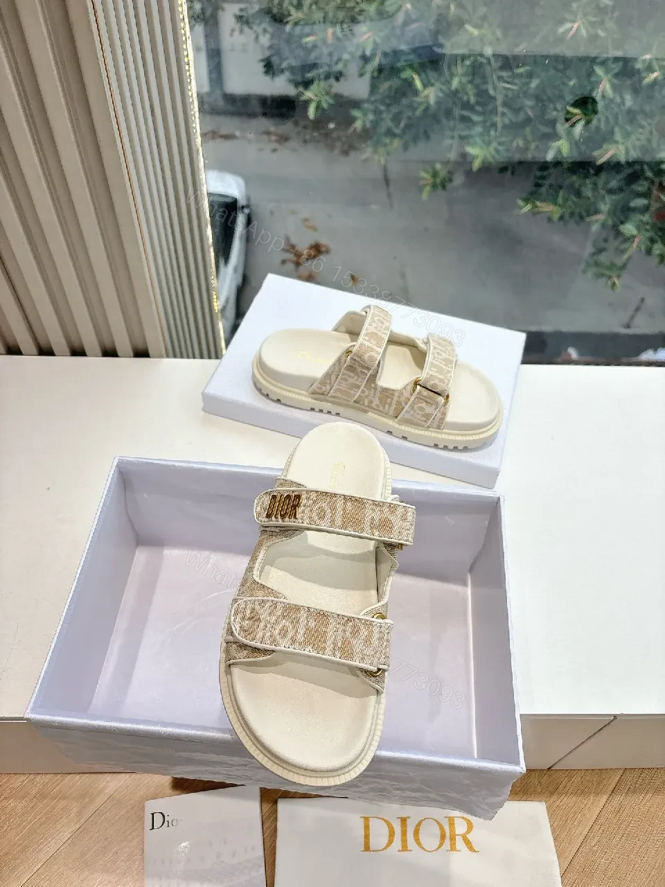 View 5 of Beige Monogram Strapped Slides: Elevated Comfort