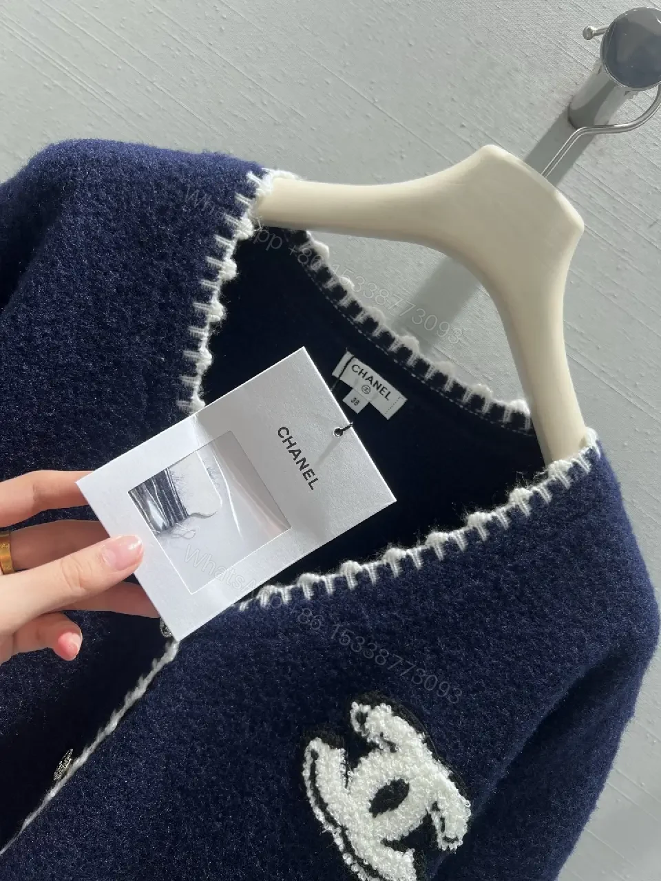 View 7 of Navy Bouclé Knit Cardigan with Logo Detail