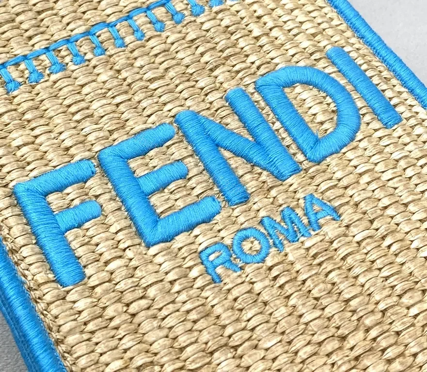 View 6 of Blue Leather-Trim Straw Tote by FENDI ROMA, Luxe Crossbody-Ready