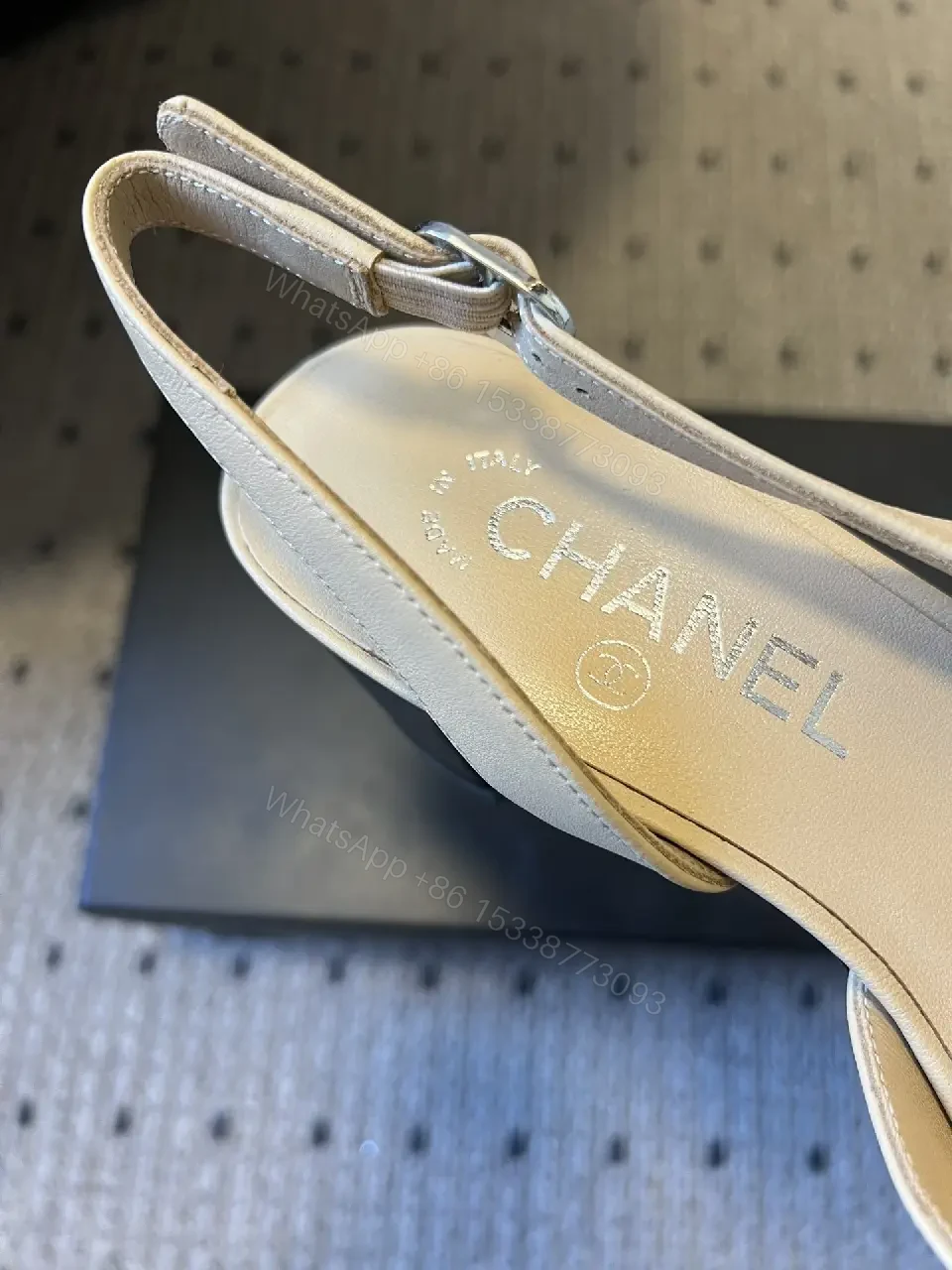 View 9 of Two-Tone Slingbacks with Logo Detail - Leather Heels