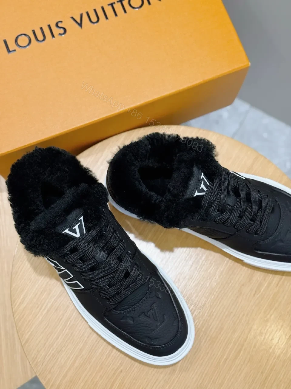 View 4 of Fur-Lined Black Leather High-Top Sneakers: Luxury Comfort