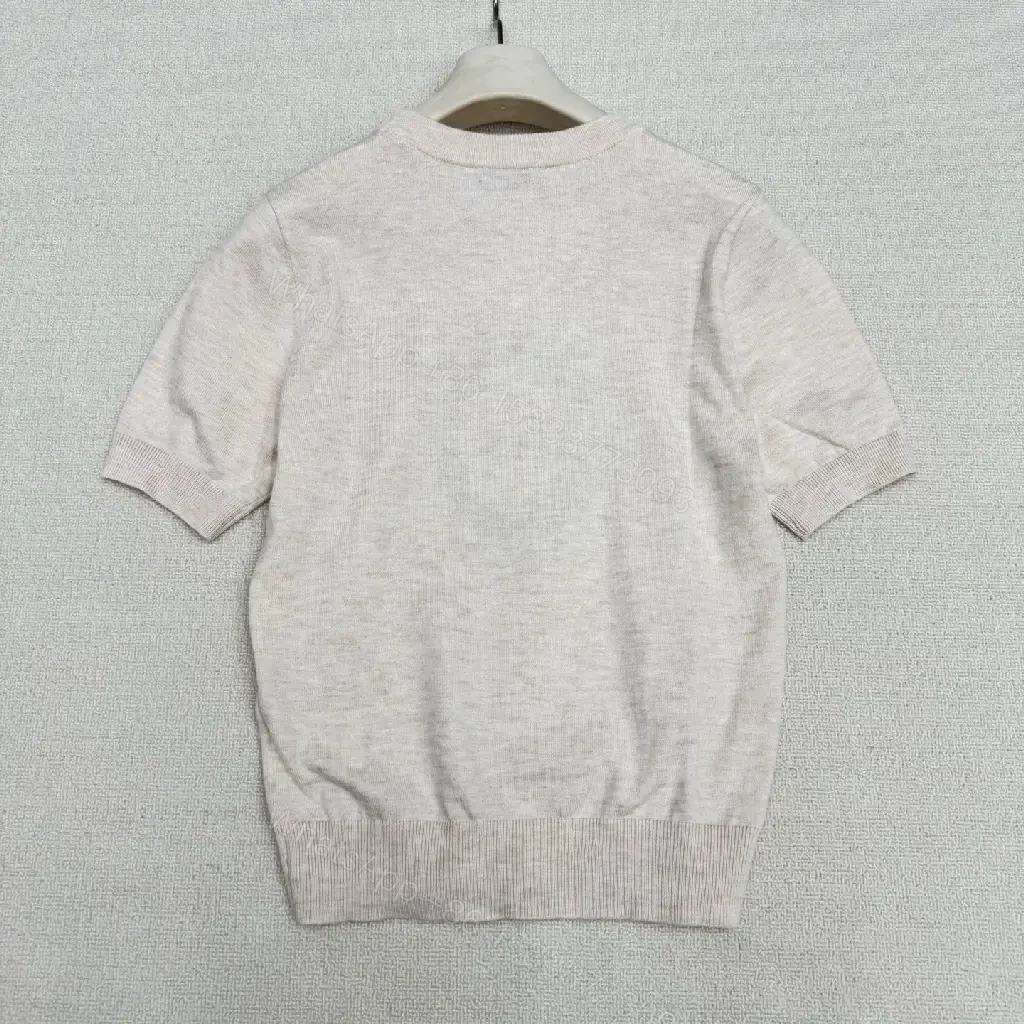 View 8 of Beige Cotton Knit Tee with Gold Crest Emblem