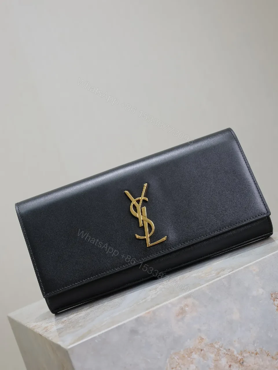 View 9 of Compact Leather Wallet Clutch with Monogram Accent