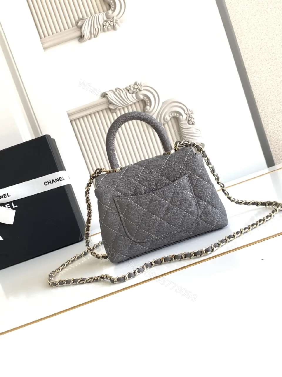 View 4 of Charcoal Leather Quilted Mini Bag with Gold Chain Accent