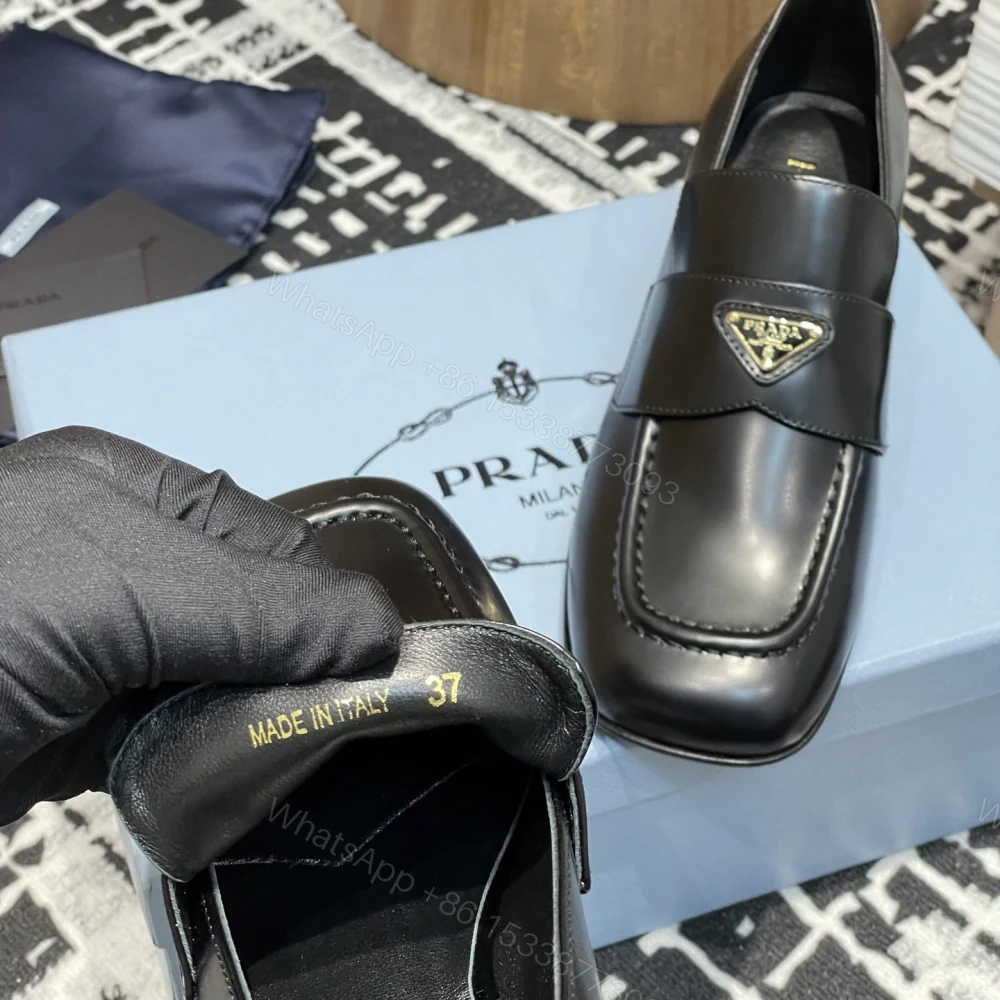 View 8 of 高仿Prada*1D831A方頭套腳樂福鞋3.5CM小牛皮黑色免檢版