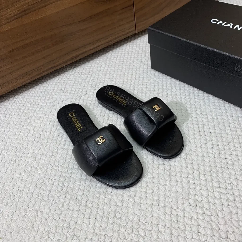 View 8 of Black Leather Slide Gold CHANEL Logo Modern Comfort Fit Sandals