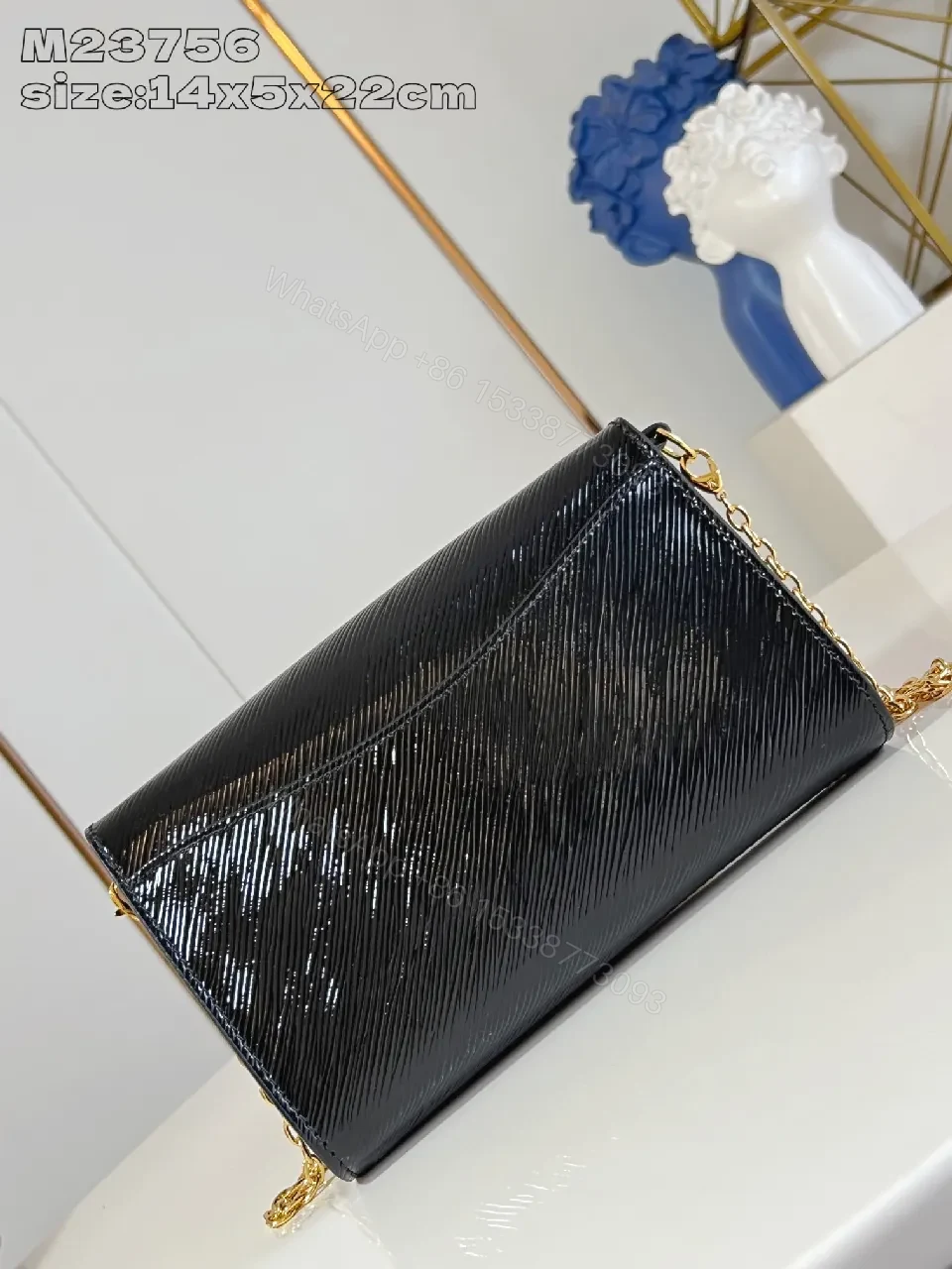 View 4 of Chic Black Lambskin Wallet Clutch with Gold Crest