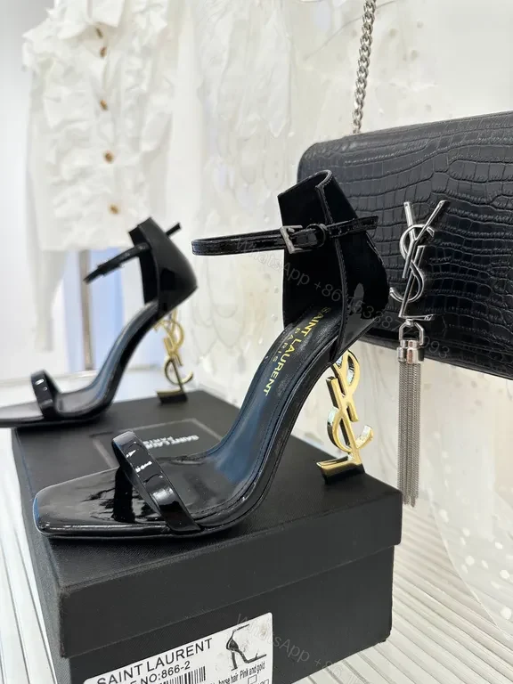 View 3 of Chic Patent-Strap Sandals Saint Laurent, Black, Open-Toe Stilettos