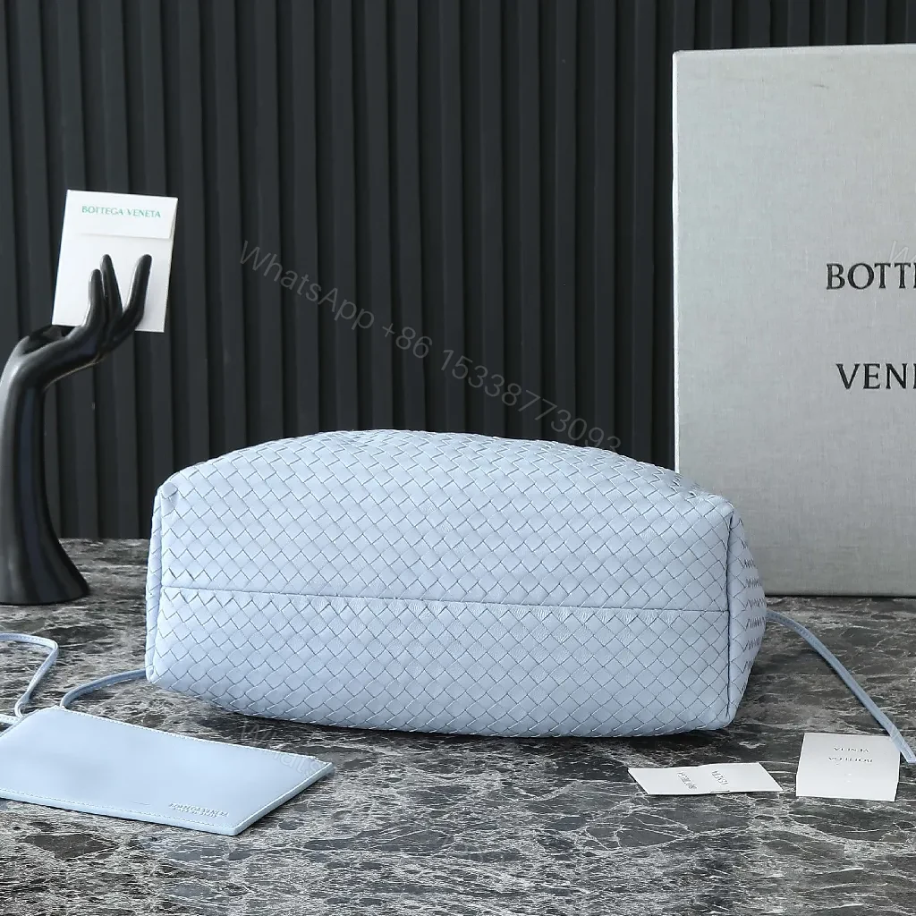 View 3 of Light Blue Woven Leather Tote: Everyday Luxe, Spacious