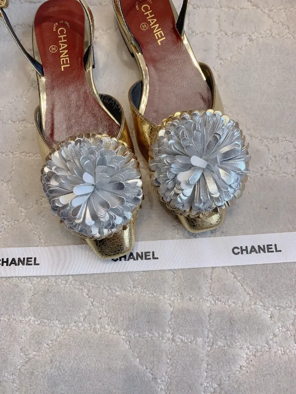 View 7 of Metallic Gold Floral Slingbacks – Open-Back Heel, Lux Comfort