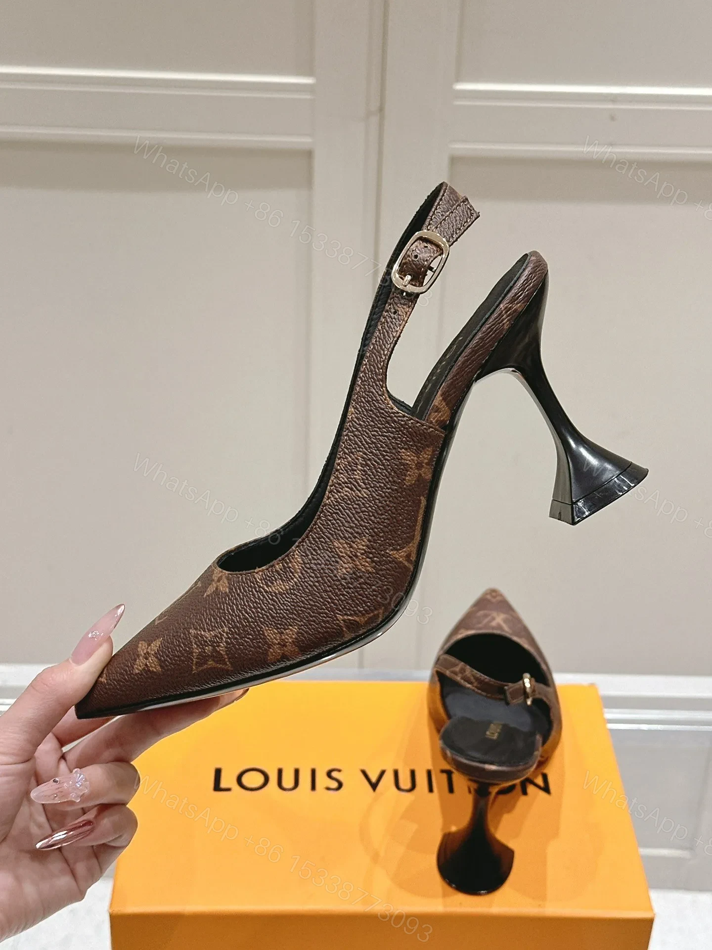 View 6 of LV Women Brown Leather Patterned Slingback Heels