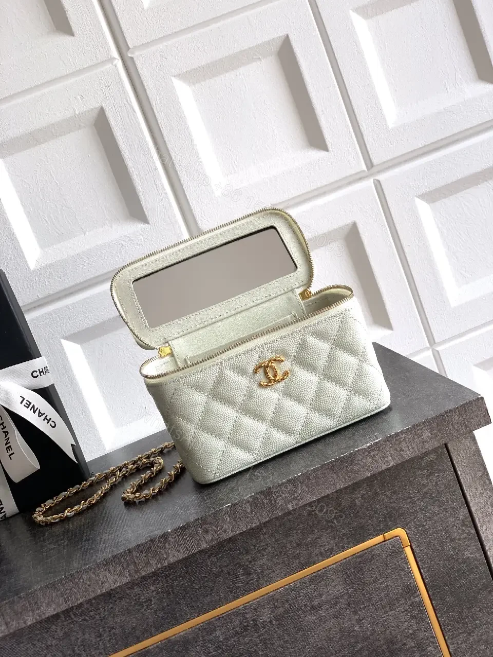 View 10 of mint green quilted leather shoulder bag with gold chain and logo charm