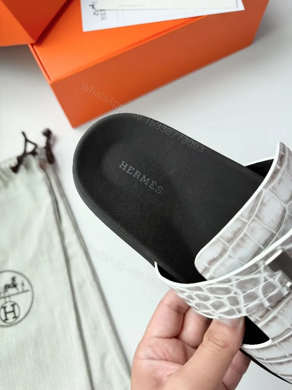 View 6 of White Crocodile-Texture Leather Slides Hermes Style Belt Sandals