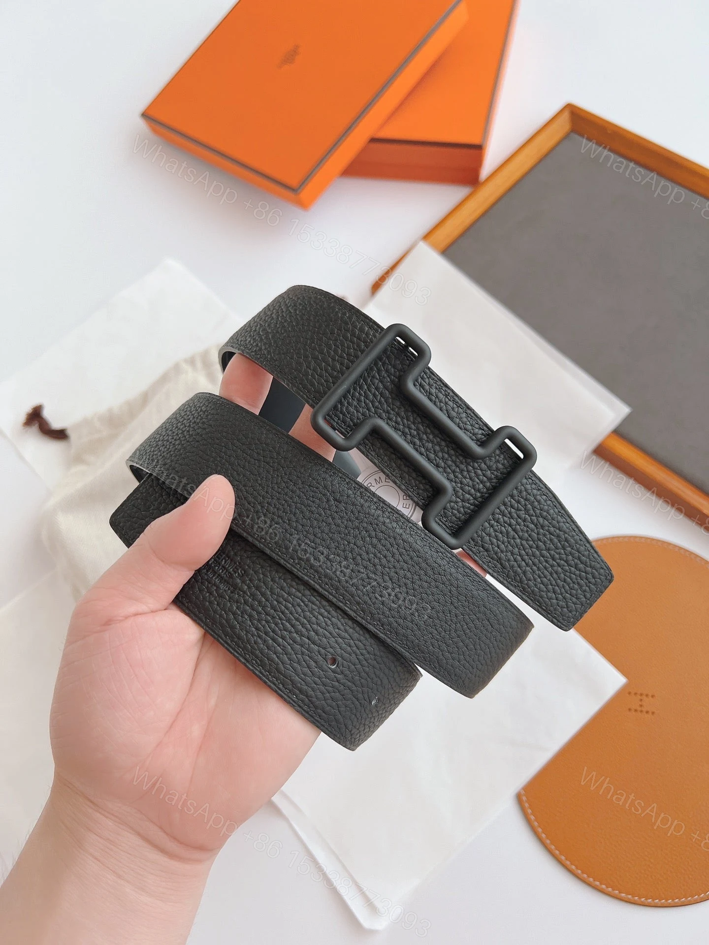 View 3 of HERMES LEATHER BELT WITH H BUCKLE BLACK 38MM