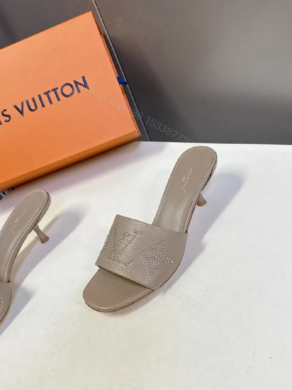 View 10 of Minimalist Taupe Leather Slides with Rhinestone Logo Embellishment
