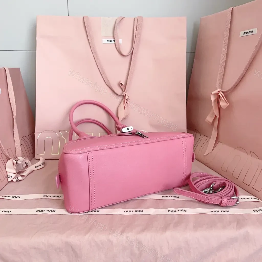View 5 of Light Pink Leather Dome Satchel: Top-Handle Bag with Shoulder Strap