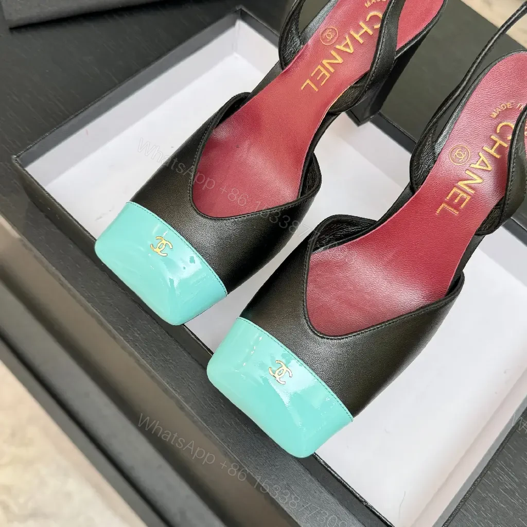 View 2 of Color-Block Leather Slingback Heels with Turquoise Toe Cap