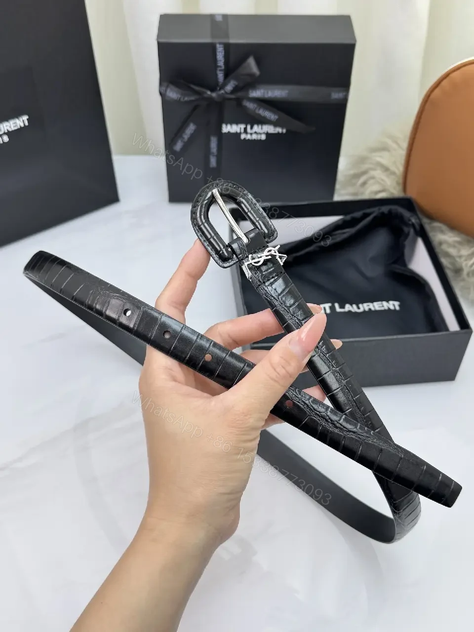 View 9 of Black Croc-Embossed Leather Belt, Silver Buckle, Elegant Saint Laurent Style