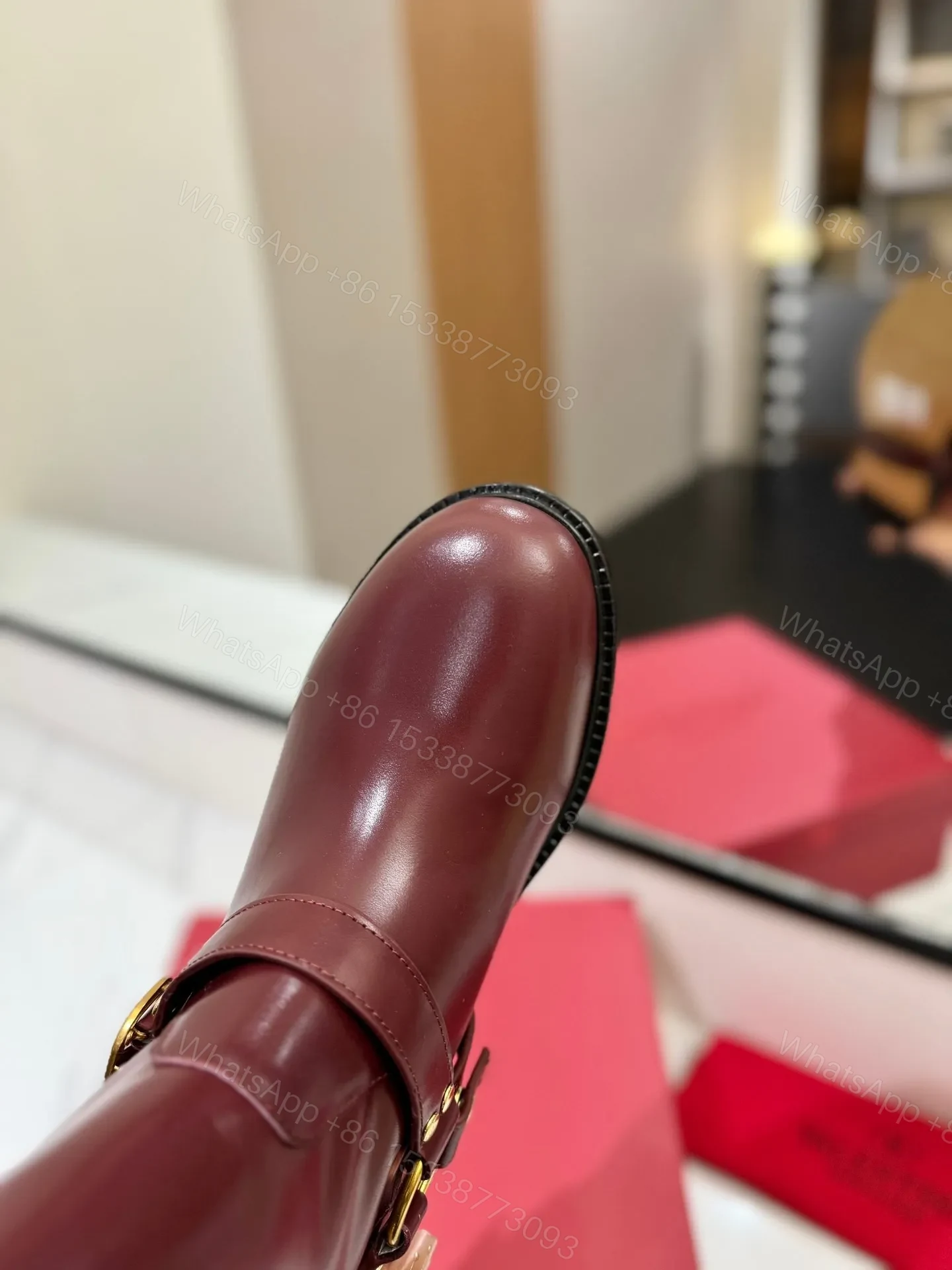 View 2 of Valentino Women Burgundy Leather Mid-Calf Boots