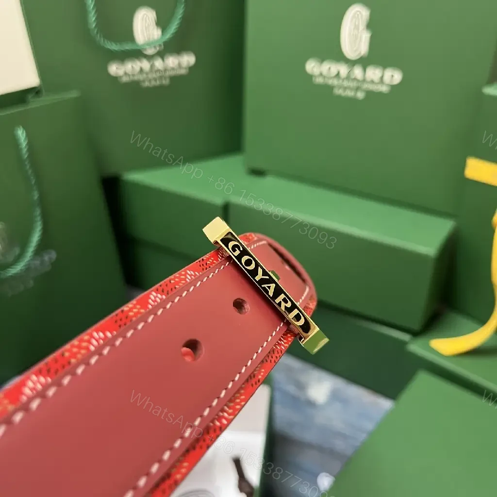 View 3 of Chic Red Leather Belt in Gold with Signature Pattern (60)