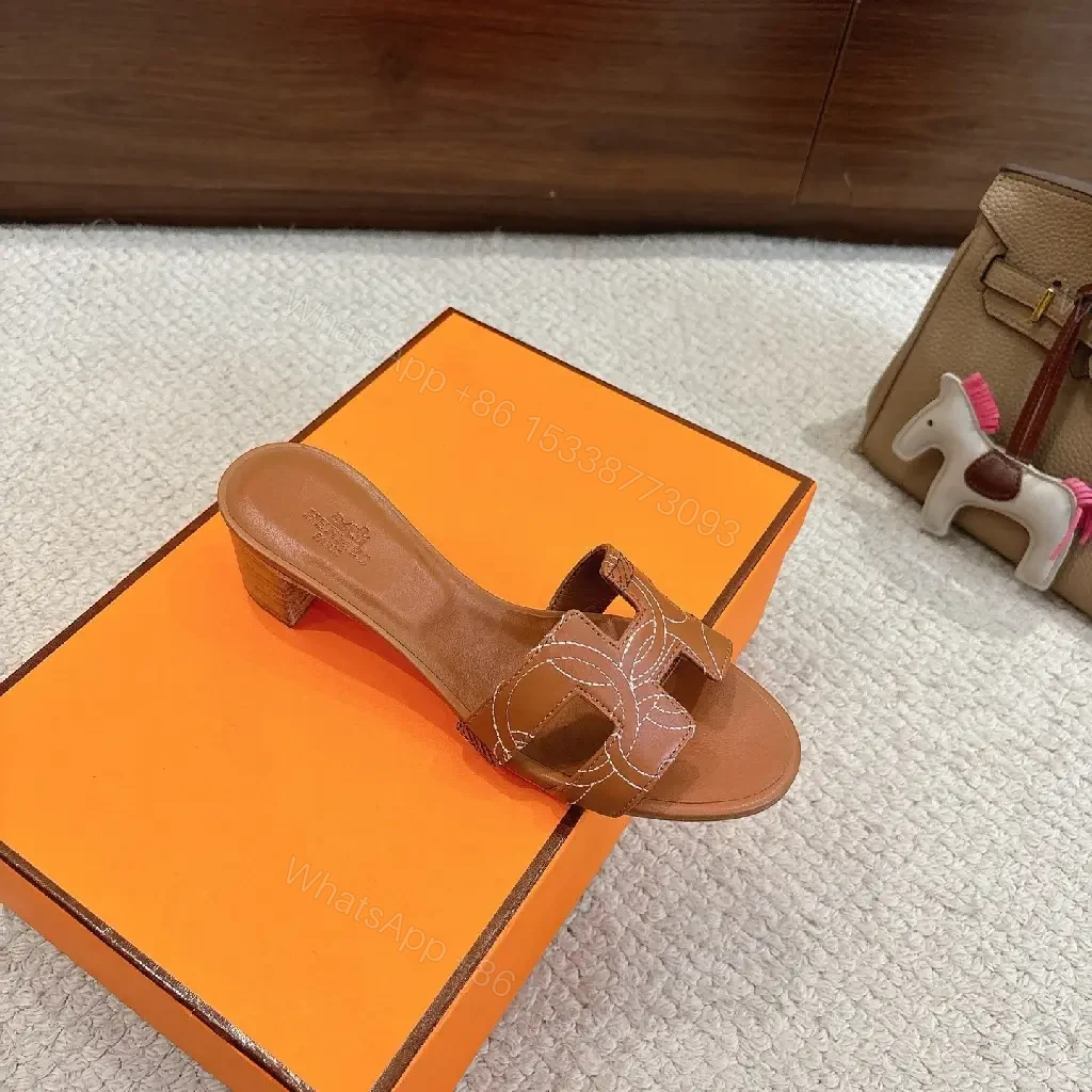 View 3 of Brown Leather Sandals with Signature Stitching Luxury Comfort
