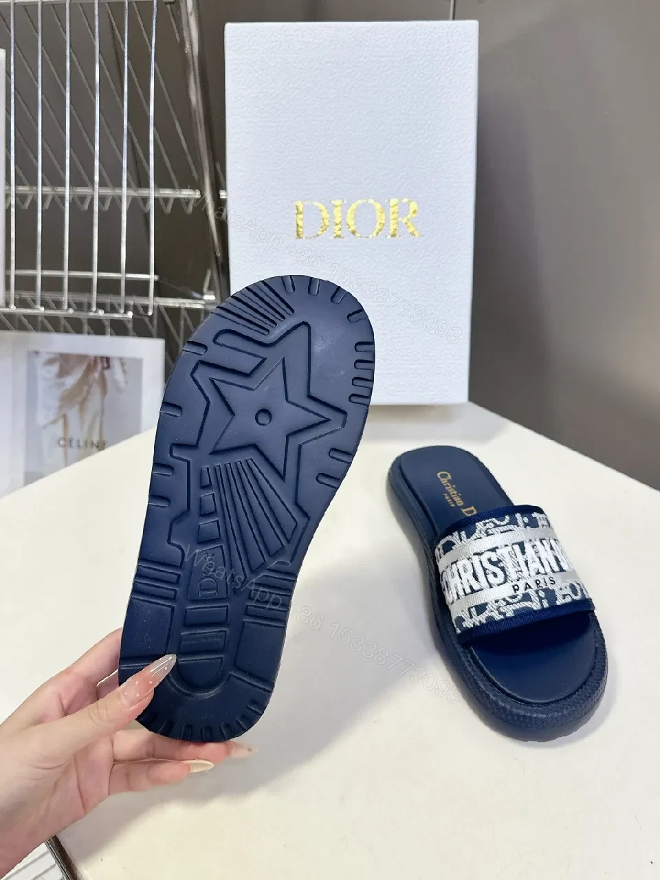 View 9 of Textured Navy Slides: Wide Logo Strap, Elevated Comfort