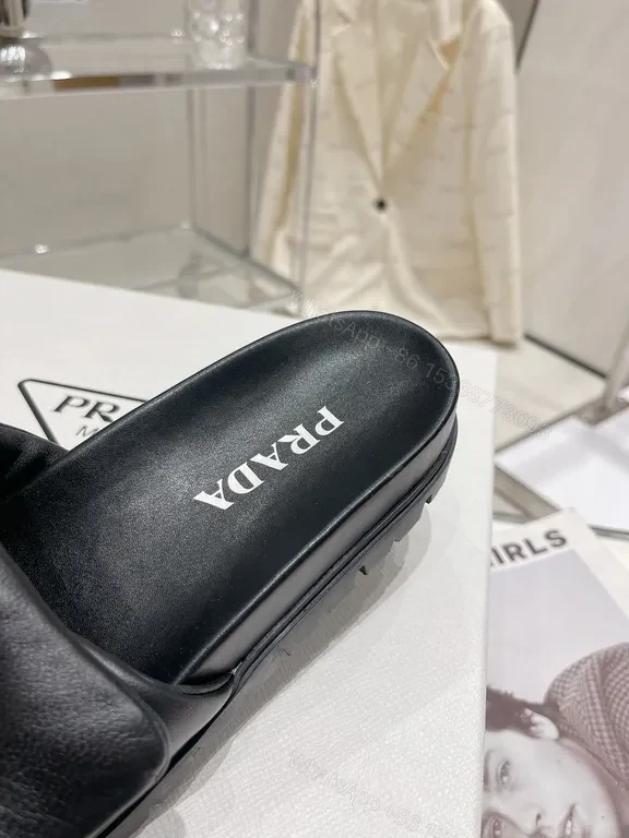 View 7 of Black Leather Prada-Style Minimalist Slide with Logo & Lug Outsole