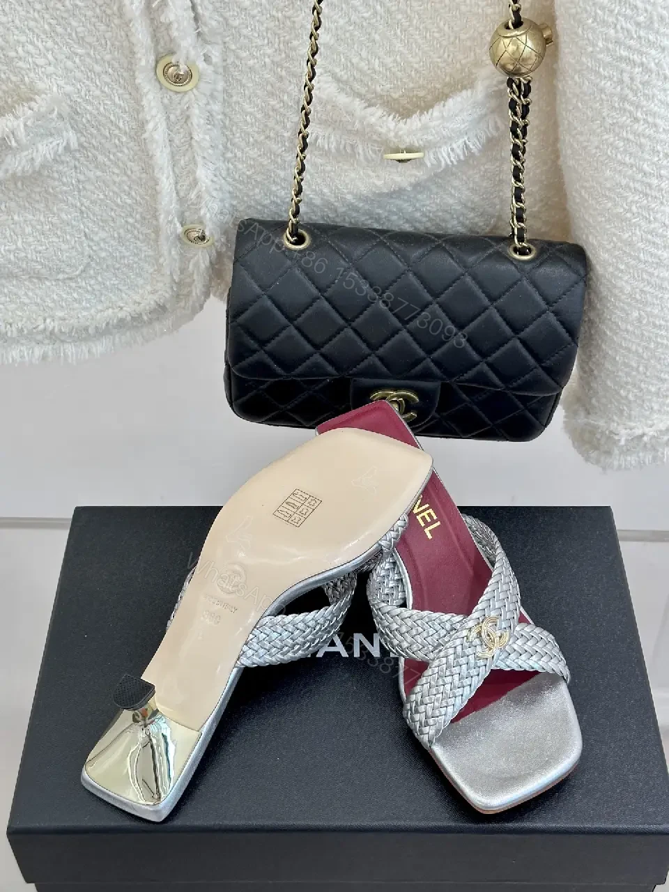 View 5 of Silver Braided Slides Metallic Chanel-inspired Cushioned Comfort Mules
