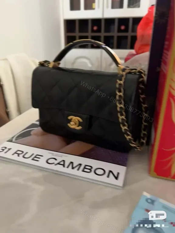 View 6 of Compact Diamond-Quilt Crossbody Bag: Black Leather, Gold Hardware