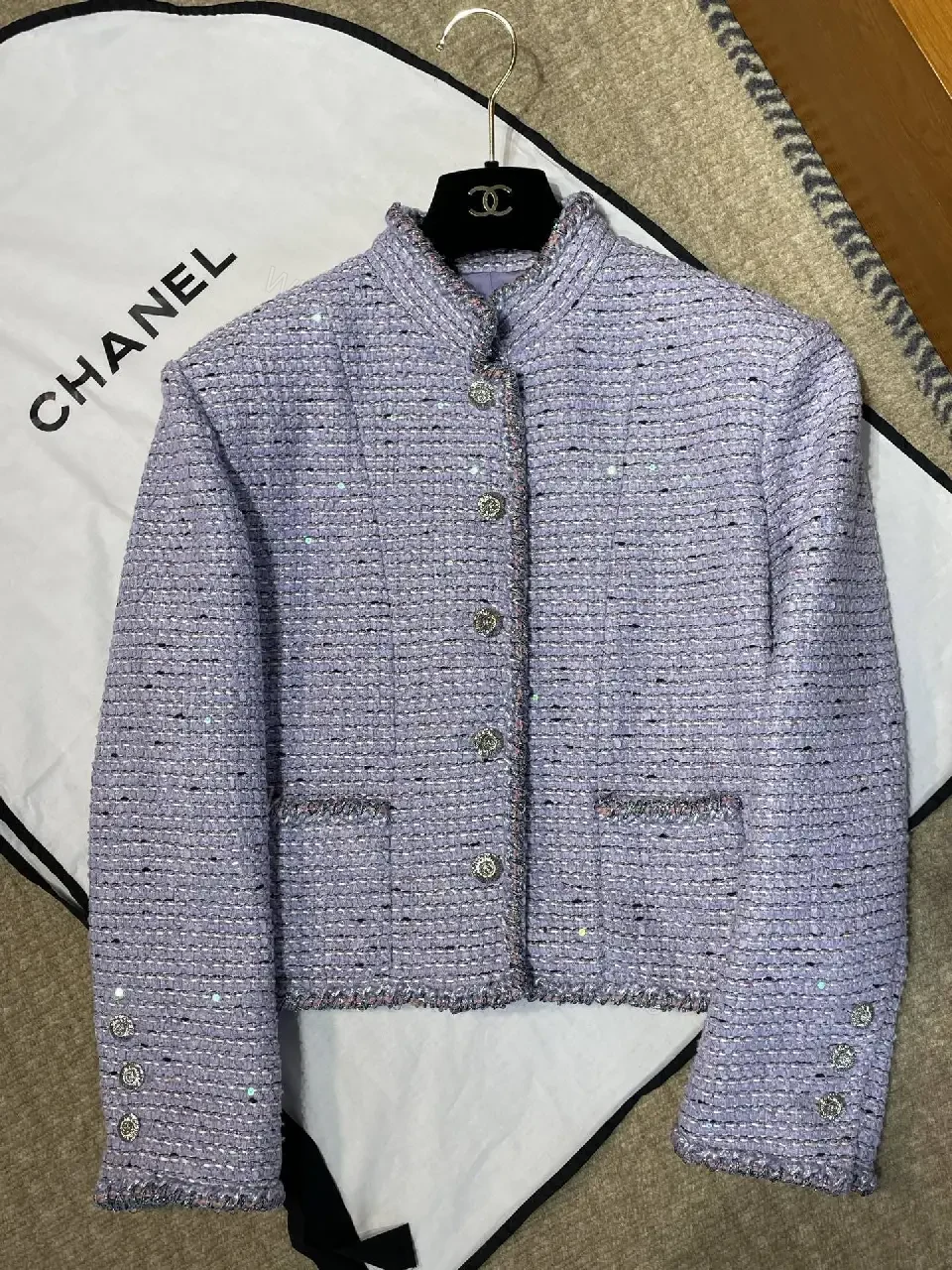 View 2 of Lilac Bouclé Tweed Jacket: Structured Modern Luxury, Ultra Textured