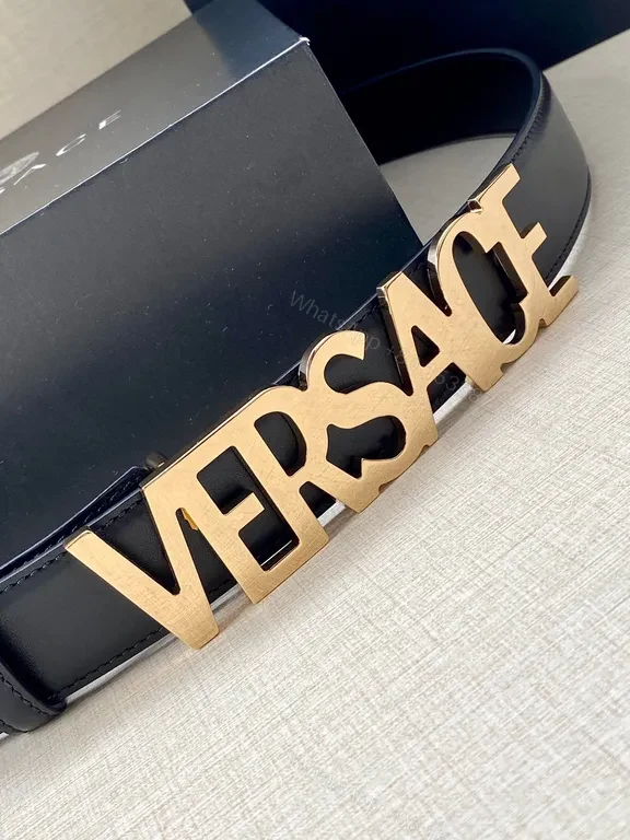 View 3 of Versace Leather Belt: Black with Rose-Gold Buckle, Minimalist Luxury