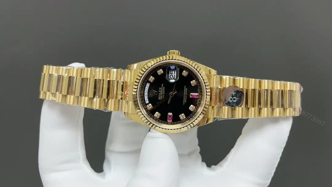 View 2 of Rolex Day-Date 36 Yellow Gold Fluted Oyster Black Diamonds Rubies 118238-0396