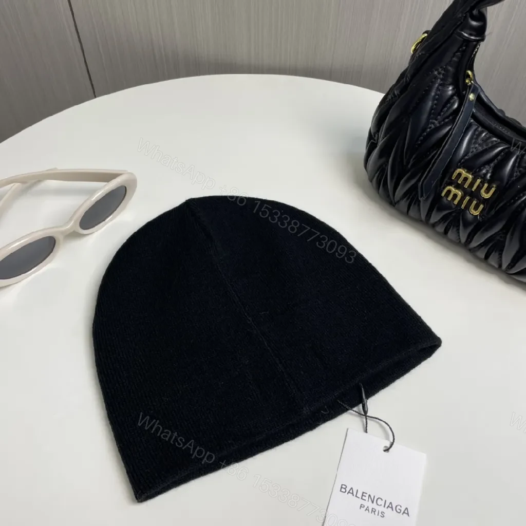 View 3 of Black Knit Balenciaga Beanie with Subtle Logo Detail