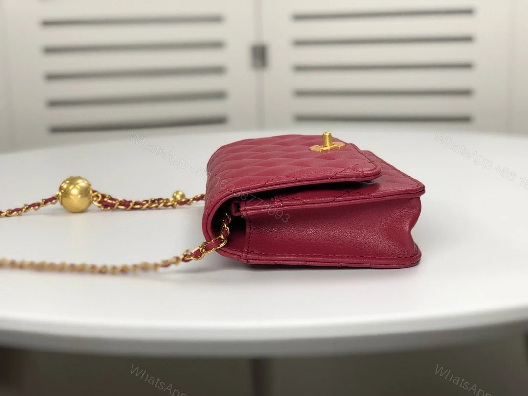 View 4 of WALLET ON CHAIN Grained Shiny Calfskin & Gold-Tone Metal Dark Burgundy