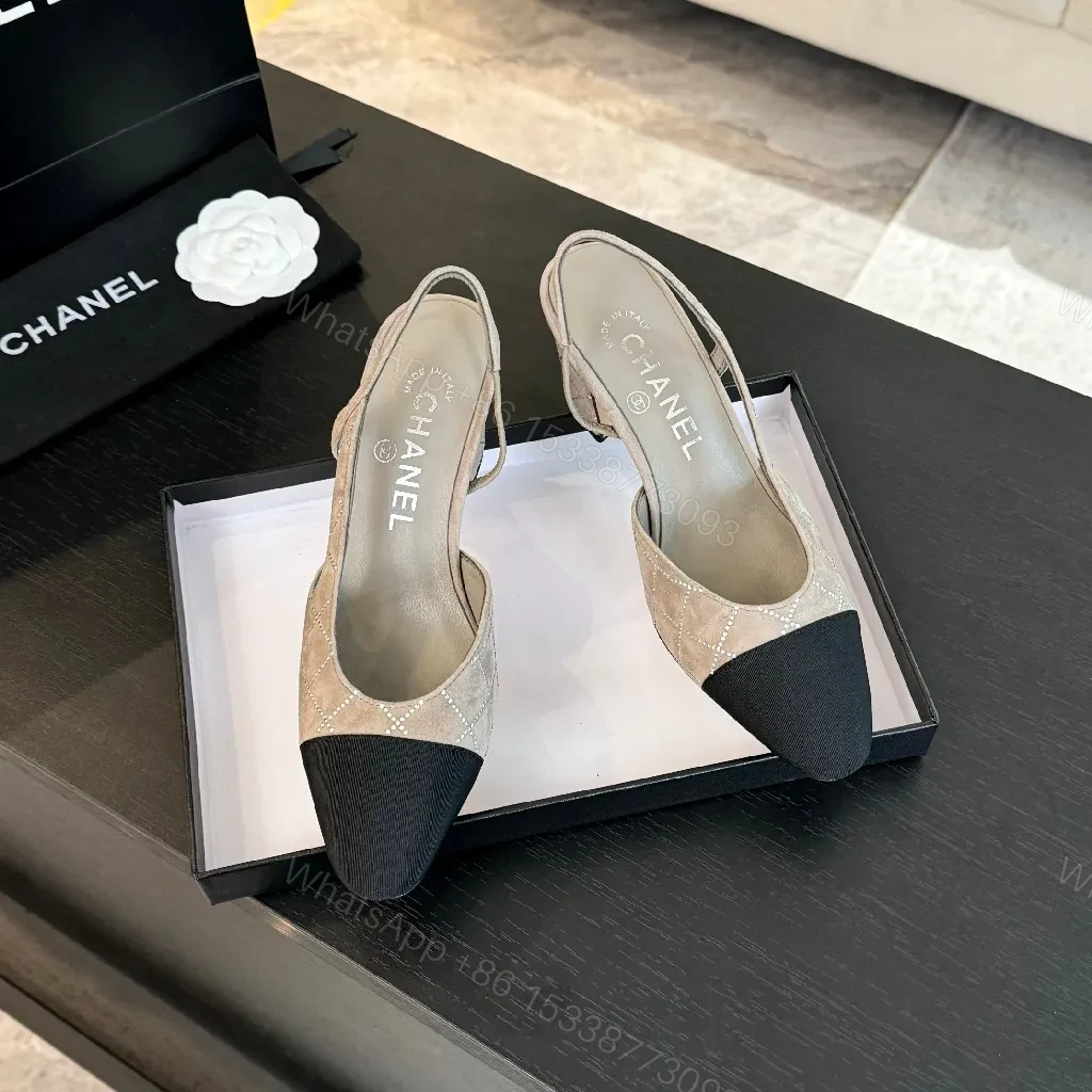View 3 of Two-Tone Quilted Slingbacks: Neutral Beiges & Black Cap