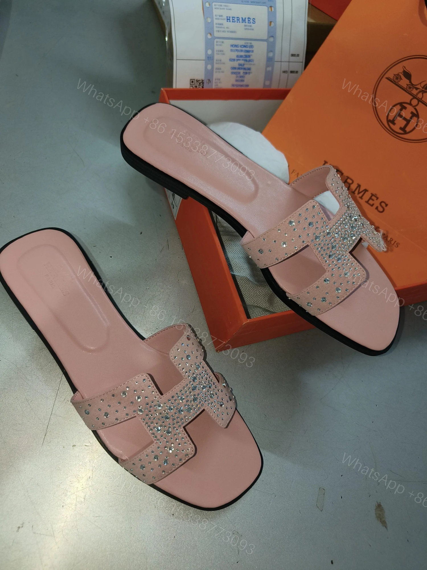 View 2 of FIRST COPY Hermes pink drill diamonds flats