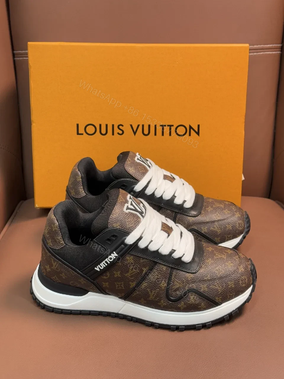View 6 of Brown Monogram-Texture Sneakers with White Accents, Low-Top Style