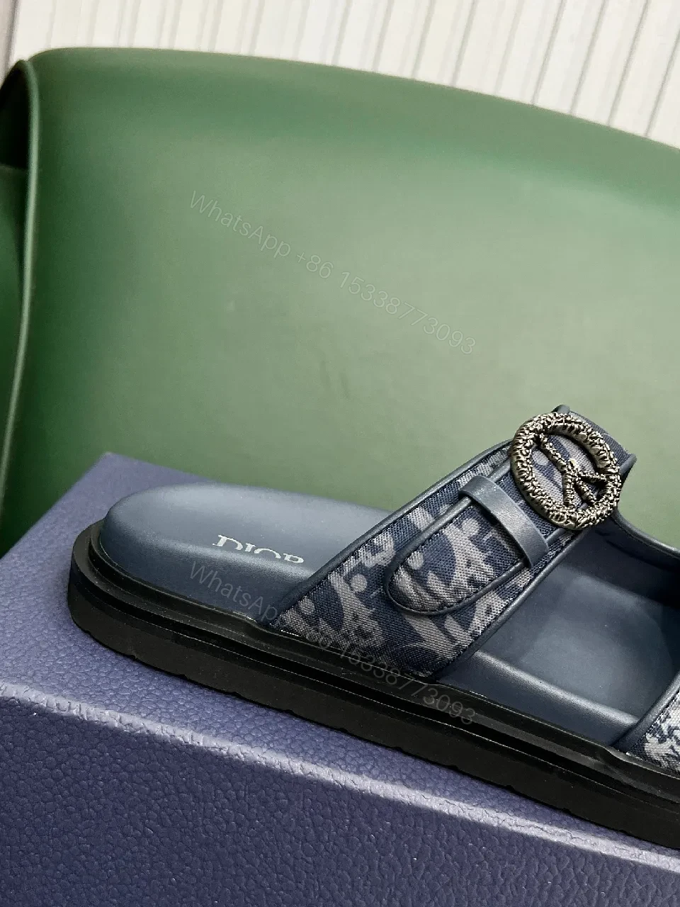 View 8 of Denim-Textured Buckle Sandals: Couture-Comfort Slides