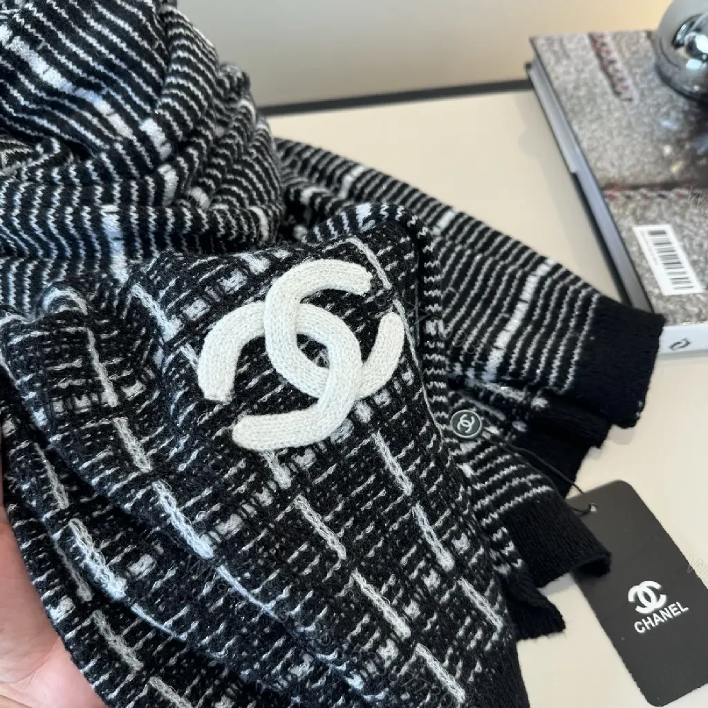 View 9 of Monochrome Knit Scarf-Wrap: Luxe Logo Detail, Grid Pattern