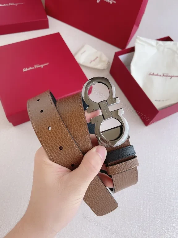 View 3 of Taupe Pebbled Leather Belt with Gancini Buckle - Ferragamo Style