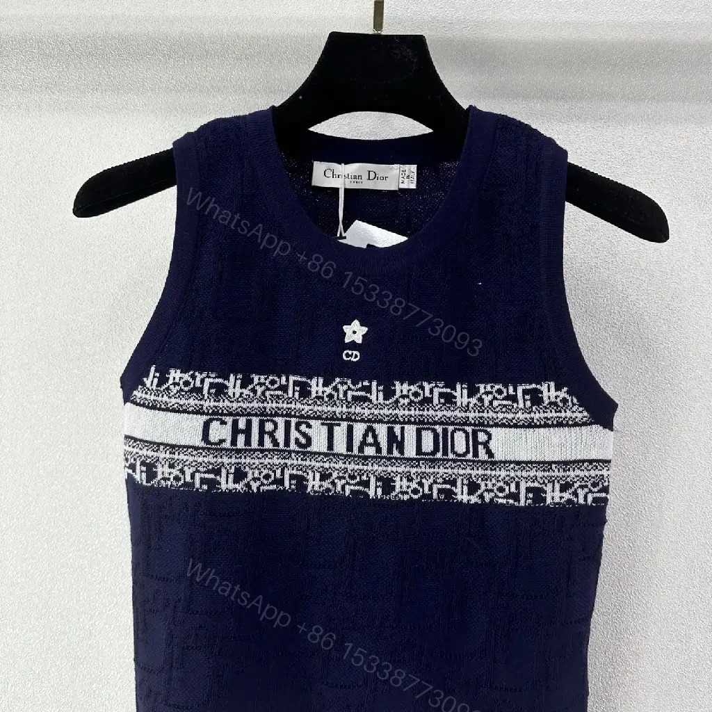 View 2 of Navy Cotton Tank Top with Dior Band Logo Knit